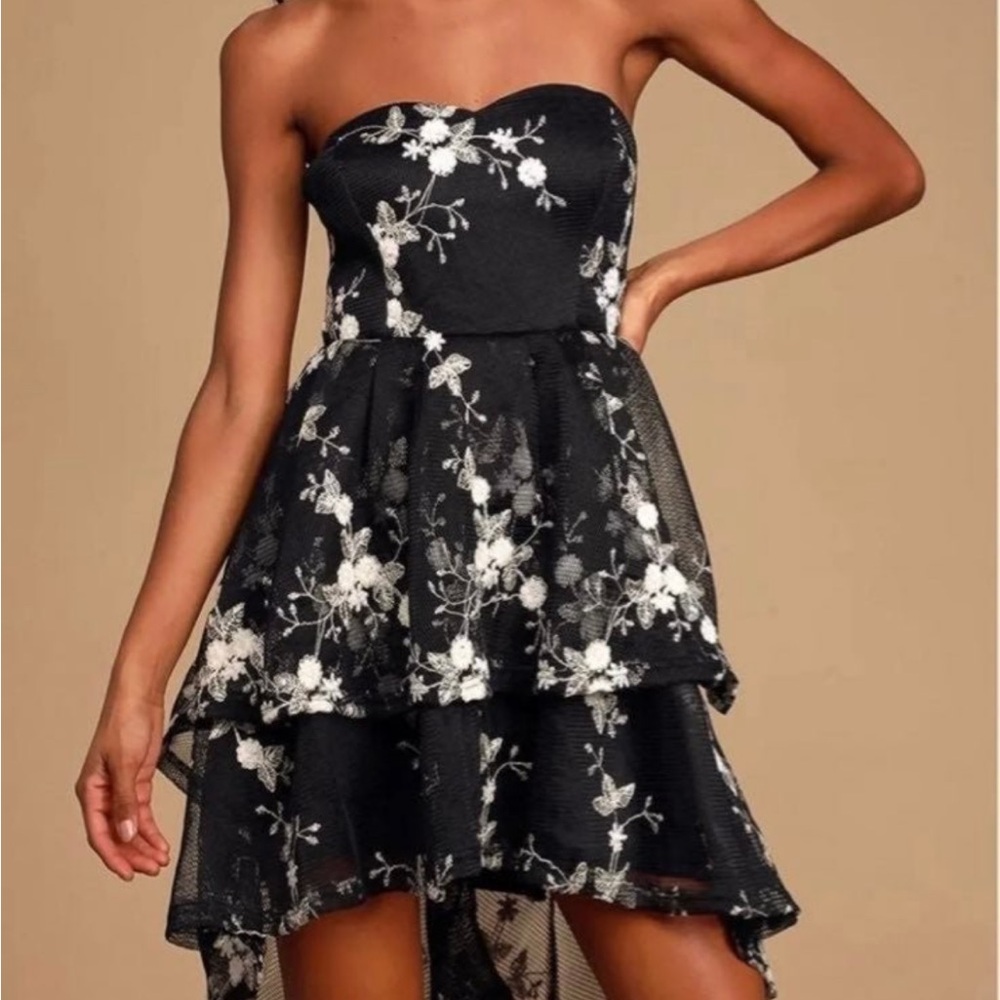 Lulus How Sweet Black Embroidered Strapless Tiered High-Low Dress, size S